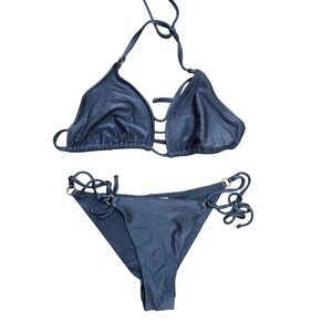 Aerie Ribbed Blue Halter Bikini Swimsuit Set Triangle Top-XL Bottom-S